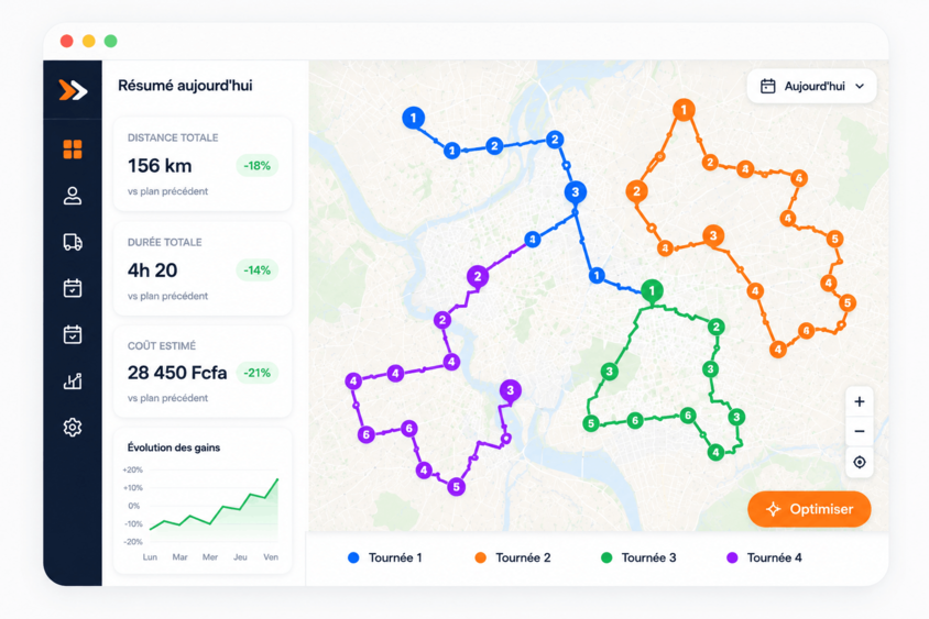 Capture d'écran OptiTourPlan — tableau de bord, KPIs et cartographie des tournées optimisées