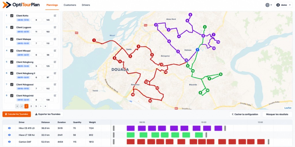 Capture d'écran OptiTourPlan — carte interactive, liste clients et résultats d'optimisation des tournées